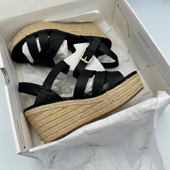 Aldo Shoes - Aldo Meresha Black Espadrille Wedge Sandals Platform Strappy Ankle Strap 7.5
